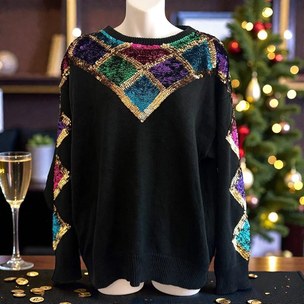 RARE Vintage RAVE Harlequin Sequin Sweater | Black Knit | Size L - Picture 1 of 10